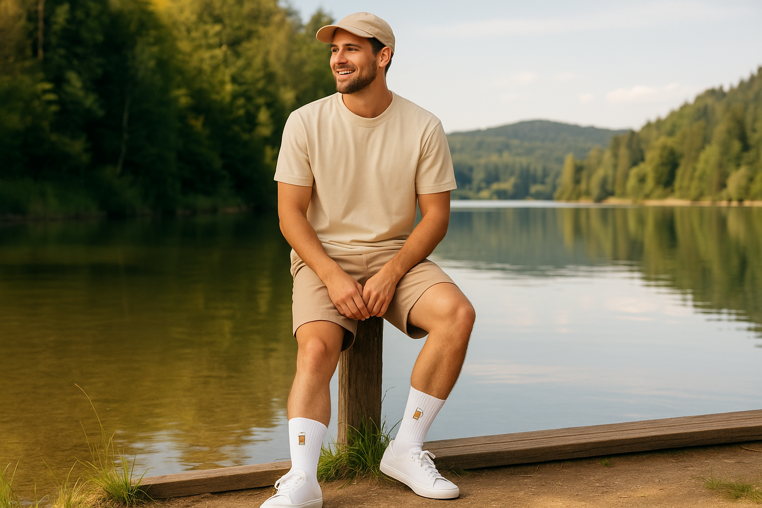 Mann am See mit Biersocken